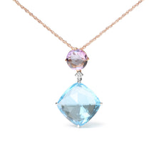 Load image into Gallery viewer, 18K White and Rose Gold Round Diamond Accent and Round Rose De France Pink Amethyst and Cushion Cut Sky Blue Topaz Dangle Drop 18" Pendant Necklace (G-H Color, SI1-SI2 Clarity)