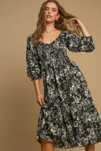 Load image into Gallery viewer, Ruffle Hem Flower Printed V-Neck Dress – Floral Print Dress, Ruffle Hem V-Neck Dress, Feminine Floral Dress, Elegant V-Neck Dress, Flirty Ruffle Hem Dress