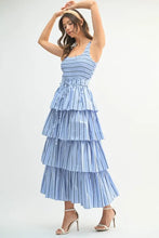 Load image into Gallery viewer, Pin Stripe Smocked Bodice Layered Midi Dress – Smocked Bodice Dress, Fluttering Pinstripe Midi Dress, Layered Midi Dress, Trendy Midi Dress, Flattering Pinstripe Dress