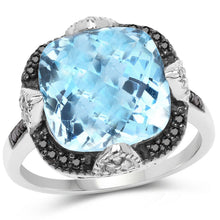 Load image into Gallery viewer, 8.29 Carat Genuine Swiss Blue Topaz, Black Diamond & White Diamond .925 Sterling Silver Ring