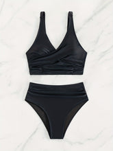 Load image into Gallery viewer, Bikini Solid Black Twist Front High Waist 2 Piece Swimsuit for Women – Stretchy V Neck Bikini Set with Ruched Tummy Control and Cross Strape Detail – Quick Drying Polyamide Swimwear for Beachwear Poolside and Summer Travel