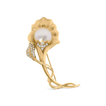 Load image into Gallery viewer, 18K Yellow Gold 2/5 Cttw Diamond and 12MM Cultured South Sea Pearl Flower Pin Brooch (G-H Color, VS1-VS2 Clarity)