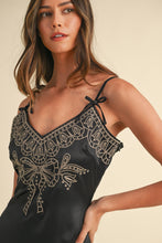 Load image into Gallery viewer, Embroidered Cami Satin Midi Slit Dress – Satin Dress, Sexy, Flattering, Embroidered Dress, Cami Style Dress, Midi Dress, Slit Detail Dress, Elegant Satin Dress