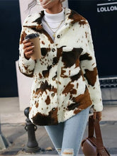 Load image into Gallery viewer, Trendy Black White Cozy Cow Print Collared Neck Button Up Fuzzy Jacket Modern & Warm Outerwear