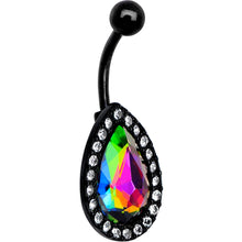 Load image into Gallery viewer, Clear Aurora Gem Black Anodized Teardrop Mirror Belly Ring