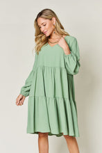 Load image into Gallery viewer, Light Green Double Take Full Size V-Neck Sleeve Tiered Dress with Pockets Elegant & Comfortable Casual Dress