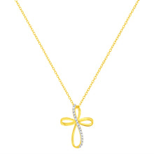 Load image into Gallery viewer, 10K Yellow Gold Plated .925 Sterling Silver Diamond Accent Cross Ribbon 18" Pendant Necklace (I-J Color, I2-I3 Clarity)