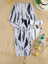 Load image into Gallery viewer, Horizon Haze 3-Piece Tie Dye Bandeau Bikini Set for Women – Strapless Tube Top with Long Sleeve Semi-Sheer Cover-Up Dress for Summer – Artistic Stripe Print Swimwear Ensemble for Bold Summer Fashion