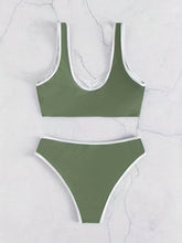 Load image into Gallery viewer, Bikini Scoop Neck Contrast Trim 2 Piece Swimsuit for Women – High Stretch Casual Bikini Set with Scallop Edge Detail and Matching Swim Briefs – Stylish Solid Color Swimwear for Beach Days Pool Lounging and Summer Vacations