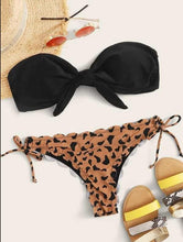 Load image into Gallery viewer, Beach Bikini Woman Lace Up Tie Strapless Leopard Swimsuit Women's Halter Bikini V Cut Bottom Lace Up Two Piece Swimsuits Female Push Up Ruffled Bow Bathing Suit Thong Swimwear