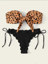 Load image into Gallery viewer, Beach Bikini Woman Lace Up Tie Strapless Leopard Swimsuit Women's Halter Bikini V Cut Bottom Lace Up Two Piece Swimsuits Female Push Up Ruffled Bow Bathing Suit Thong Swimwear