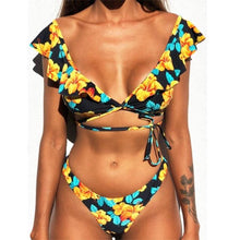 Load image into Gallery viewer, Beach Bikini Woman Lace Up Tie Strapless Leopard Swimsuit Women's Halter Bikini V Cut Bottom Lace Up Two Piece Swimsuits Female Push Up Ruffled Bow Bathing Suit Thong Swimwear