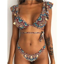 Load image into Gallery viewer, Beach Bikini Woman Lace Up Tie Strapless Leopard Swimsuit Women's Halter Bikini V Cut Bottom Lace Up Two Piece Swimsuits Female Push Up Ruffled Bow Bathing Suit Thong Swimwear