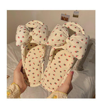 Load image into Gallery viewer, Beautiful Bow Flat Lightweight Soft Spring Autumn Women Cotton Shoes Indoor Fluffy Warm Home Comfortable High Quality Slippers Memory Foam Open Toe Slide Slippers Ribbon Strap Slip-On House Shoes