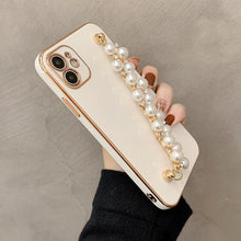Load image into Gallery viewer, Beautiful White Pearl Chain Gold Color Plating Straight Edge Phone Case for iPhone 13 11 12 Pro Max Case for iPhone X XS MAX XR 7 8 Plus Phone Case Plating Pearl Chain Wrist Bracelet Cover