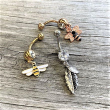 Load image into Gallery viewer, Black Clear Gem Rose Gold Tone Bee Dangle Belly Ring