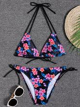 Load image into Gallery viewer, Sunset Bloom 2-Piece Triangle Bikini Set for Women – Vibrant Random Floral Print Halter Neck Swimsuit with Tie-Back Tie-Side Bottoms & High Cut Legs – Women's High-Stretch Swimwear for Summer Beach Escapes