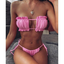Load image into Gallery viewer, Bikini Pleated Swimsuit Female Swimwear Women's Ruffle Tie Side Bikini Set High Cut Strapless Padded Solid Bathing Suit Women Mini Thong Bikini Set Bather Swimming Beachwear For Bathing Suit