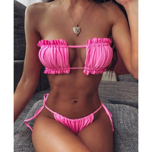 Load image into Gallery viewer, Bikini Pleated Swimsuit Female Swimwear Women's Ruffle Tie Side Bikini Set High Cut Strapless Padded Solid Bathing Suit Women Mini Thong Bikini Set Bather Swimming Beachwear For Bathing Suit