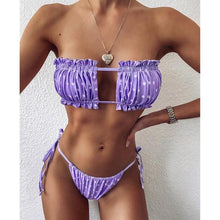 Load image into Gallery viewer, Bikini Pleated Swimsuit Female Swimwear Women's Ruffle Tie Side Bikini Set High Cut Strapless Padded Solid Bathing Suit Women Mini Thong Bikini Set Bather Swimming Beachwear For Bathing Suit