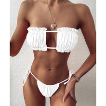 Load image into Gallery viewer, Bikini Pleated Swimsuit Female Swimwear Women's Ruffle Tie Side Bikini Set High Cut Strapless Padded Solid Bathing Suit Women Mini Thong Bikini Set Bather Swimming Beachwear For Bathing Suit