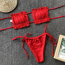 Load image into Gallery viewer, Bikini Pleated Swimsuit Female Swimwear Women's Ruffle Tie Side Bikini Set High Cut Strapless Padded Solid Bathing Suit Women Mini Thong Bikini Set Bather Swimming Beachwear For Bathing Suit