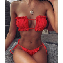 Load image into Gallery viewer, Bikini Pleated Swimsuit Female Swimwear Women's Ruffle Tie Side Bikini Set High Cut Strapless Padded Solid Bathing Suit Women Mini Thong Bikini Set Bather Swimming Beachwear For Bathing Suit