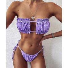 Load image into Gallery viewer, Bikini Pleated Swimsuit Female Swimwear Women's Ruffle Tie Side Bikini Set High Cut Strapless Padded Solid Bathing Suit Women Mini Thong Bikini Set Bather Swimming Beachwear For Bathing Suit