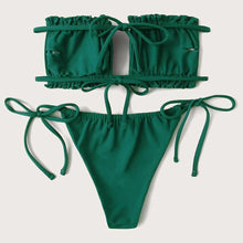 Load image into Gallery viewer, Bikini Pleated Swimsuit Female Swimwear Women's Ruffle Tie Side Bikini Set High Cut Strapless Padded Solid Bathing Suit Women Mini Thong Bikini Set Bather Swimming Beachwear For Bathing Suit