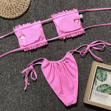 Load image into Gallery viewer, Bikini Pleated Swimsuit Female Swimwear Women's Ruffle Tie Side Bikini Set High Cut Strapless Padded Solid Bathing Suit Women Mini Thong Bikini Set Bather Swimming Beachwear For Bathing Suit