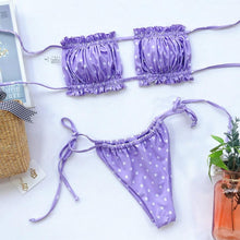 Load image into Gallery viewer, Bikini Pleated Swimsuit Female Swimwear Women's Ruffle Tie Side Bikini Set High Cut Strapless Padded Solid Bathing Suit Women Mini Thong Bikini Set Bather Swimming Beachwear For Bathing Suit