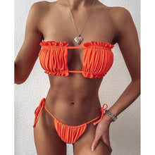 Load image into Gallery viewer, Bikini Pleated Swimsuit Female Swimwear Women's Ruffle Tie Side Bikini Set High Cut Strapless Padded Solid Bathing Suit Women Mini Thong Bikini Set Bather Swimming Beachwear For Bathing Suit