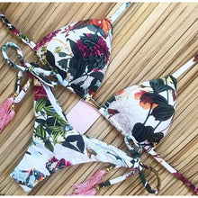 Load image into Gallery viewer, Bikini Set Women Swimwear Push Up Swimsuit Top Solid Bottom Print Bathing Suit Swim Wear Beach Women’s Floral Print Push-Up V-Wire Lettuce Bikini Set High Cut Spaghetti Straps Underwire Padded Swimsuit