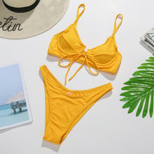 Load image into Gallery viewer, Bikini Swimwear Women Green Swimsuits Bathing Suit Beachwear Women's Ribbed Braided String Bikini Lace Up Swimsuit Square Collar High Cut Bathing Suit