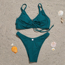 Load image into Gallery viewer, Bikini Swimwear Women Green Swimsuits Bathing Suit Beachwear Women's Ribbed Braided String Bikini Lace Up Swimsuit Square Collar High Cut Bathing Suit