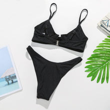 Load image into Gallery viewer, Bikini Swimwear Women Green Swimsuits Bathing Suit Beachwear Women's Ribbed Braided String Bikini Lace Up Swimsuit Square Collar High Cut Bathing Suit