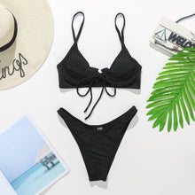 Load image into Gallery viewer, Bikini Swimwear Women Green Swimsuits Bathing Suit Beachwear Women's Ribbed Braided String Bikini Lace Up Swimsuit Square Collar High Cut Bathing Suit