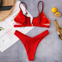 Load image into Gallery viewer, Bikinis Ribbed Swimwear Women's Swimsuit Push Up Bathing Suit Solid Patchwork High Cut Bikini Set Women Padded Push up Bikini Set Halter Two Piece Cross Top Swimsuit Patchwork Bathing Suit