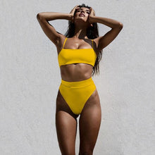 Load image into Gallery viewer, Bikinis Solid Push Up Bikini Padded Bra Straps High Waist Swimsuit Female Swimwear Women's Bathing Suit Lace up Bikini Ribbed Two Piece Swimsuit