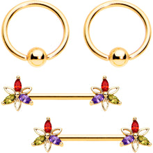 Load image into Gallery viewer, 14G Rainbow Gem Star Gold Tone BCR Ring Barbell Nipple Ring Set