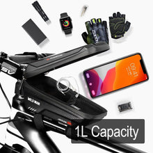 Load image into Gallery viewer, Black Bike Bag Frame Front Top Tube Cycling Bag Waterproof Phone Case Touchscreen Bag Pack Bicycle Accessories Bike Bicycle Bag Waterproof Bike Phone Mount Bag Front Frame Top Tube Handlebar Bag Touch Screen Holder Case For Cell Phones 6.6in