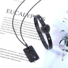 Load image into Gallery viewer, Black Heart Bracelet Choker Set Jewelry Stainless Steel Key Pendant Necklace Women Men Couples Valentines Plated Titanium Matching Puzzle Couple Heart Lock Bracelet And Key Pendant Necklace For Men And Women