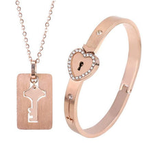 Load image into Gallery viewer, Black Heart Bracelet Choker Set Jewelry Stainless Steel Key Pendant Necklace Women Men Couples Valentines Plated Titanium Matching Puzzle Couple Heart Lock Bracelet And Key Pendant Necklace For Men And Women