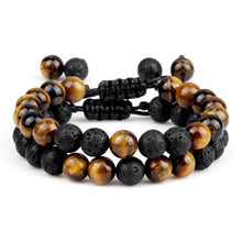 Load image into Gallery viewer, Black Lava Stone Crown Charm Tiger Eye Beads Bracelet For Men Women Braided Bracelets Handmade Adjustable Couple Distance Bracelets Lava Stone Beads Essential Oil Diffuser Adjustable Bracelet With King Queen Crown Charm