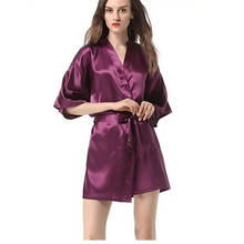 Load image into Gallery viewer, Black Lightweight Elegant Faux Silk Bathrobes For Women V Neck Design Bridesmaid Bathrobe Wedding Short Women Bathrobes