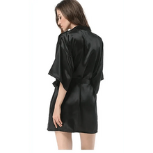 Load image into Gallery viewer, Black Lightweight Elegant Faux Silk Bathrobes For Women V Neck Design Bridesmaid Bathrobe Wedding Short Women Bathrobes