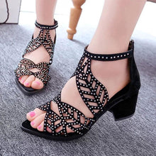 Load image into Gallery viewer, Black Luxury Style Women Summer Sandals Hollow Out Leather Rhinestones Thick Heel Zipper Sandals Beach Sandals Rhinestone Hollow Out Non Slip Breathable Casual Rhinestone Summer Fashion Comfy Sandals
