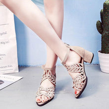 Load image into Gallery viewer, Black Luxury Style Women Summer Sandals Hollow Out Leather Rhinestones Thick Heel Zipper Sandals Beach Sandals Rhinestone Hollow Out Non Slip Breathable Casual Rhinestone Summer Fashion Comfy Sandals