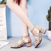 Load image into Gallery viewer, Black Luxury Style Women Summer Sandals Hollow Out Leather Rhinestones Thick Heel Zipper Sandals Beach Sandals Rhinestone Hollow Out Non Slip Breathable Casual Rhinestone Summer Fashion Comfy Sandals