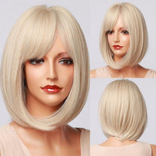 Load image into Gallery viewer, Blonde White Black Ombre Bob Synthetic Wigs for Women Straight Hair Wigs Cosplay Party Wig with bangs Heat Resistant Wigs For Black Women Cosplay Wigs For Women